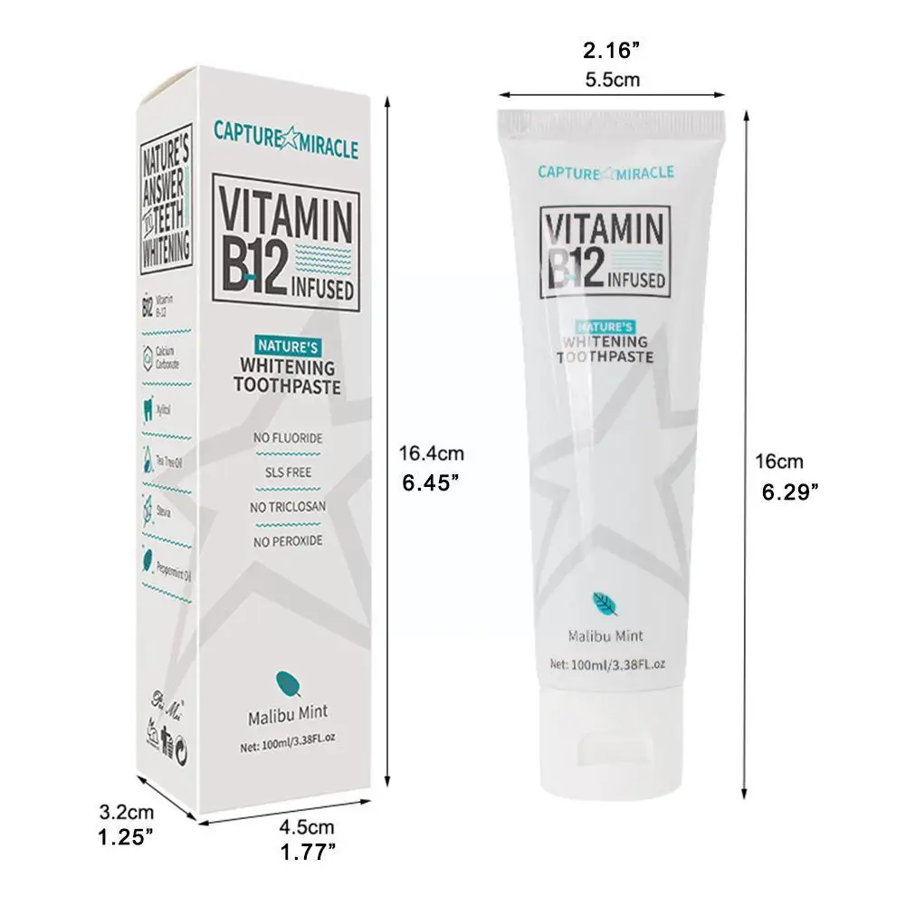 100ml Vitamin B12 Toothpaste Mint Brighten Gum Repair Hygiene Remove Fresh Tooth Whitening Beauty Oral Stains Breath Health T5Z8