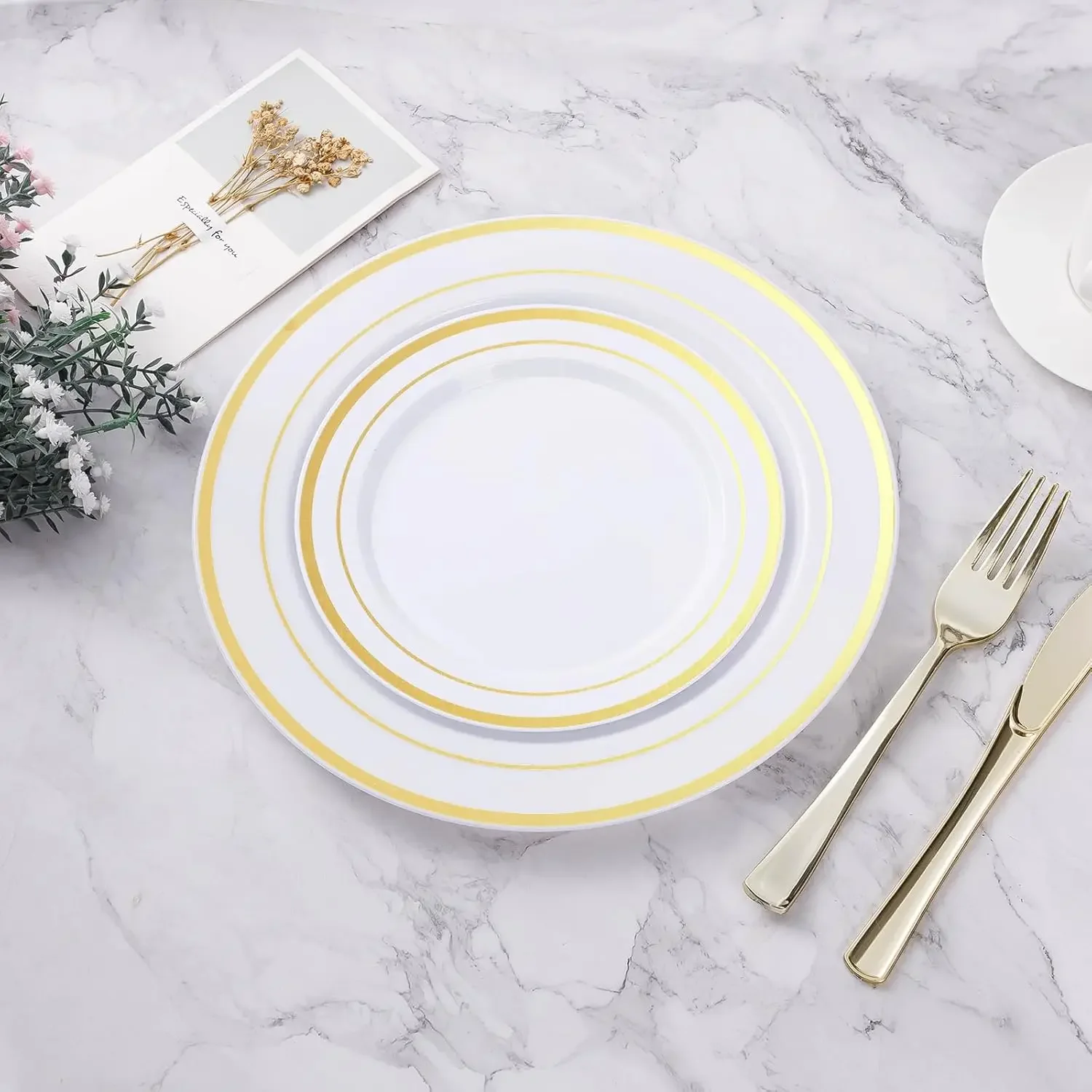 100PCS Gold Plastic Plate 10.25 Inch Disposable Dinner Plate Party with Gold Rim, Heavy Duty Disposable Plastic Plates for Party