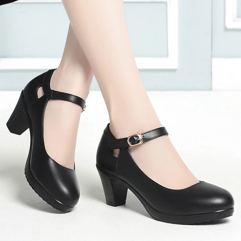 Genuine Leather Shoes Women Round Toe Platform Pumps Sapato Feminino High Heels Fashion Ladies Black Work Shoes Plus Size 34-42