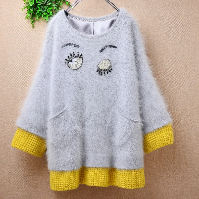 

Female Women Spring Winter Thick Warm Grey Cute Hairy Mink Cashmere Knitted O-Neck Three-Quarter Sleeves Loose Pullover Sweater