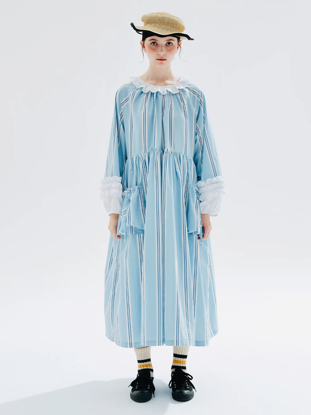 imakokoni-2023-early-autumn-new-cotton-vertical-stripe-long-sleeved-dress-women-loose-a-line-skirt-234226