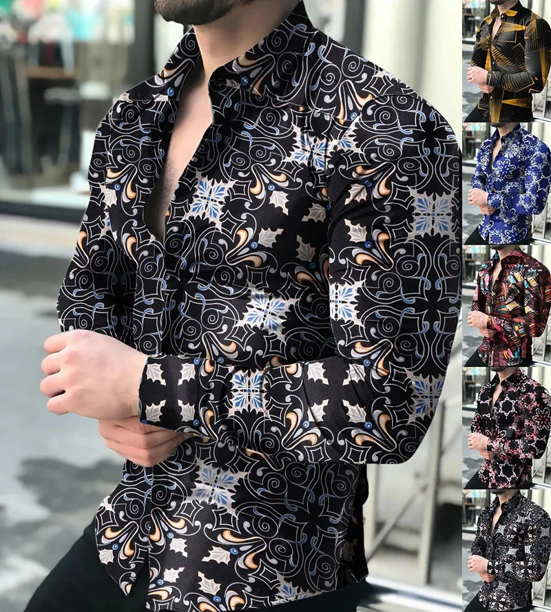 

Trendy Fashion Men's Shirt Casual Lapel Button Down Shirt Pattern Printed Long Sleeved Tops Men's Party Cardigan