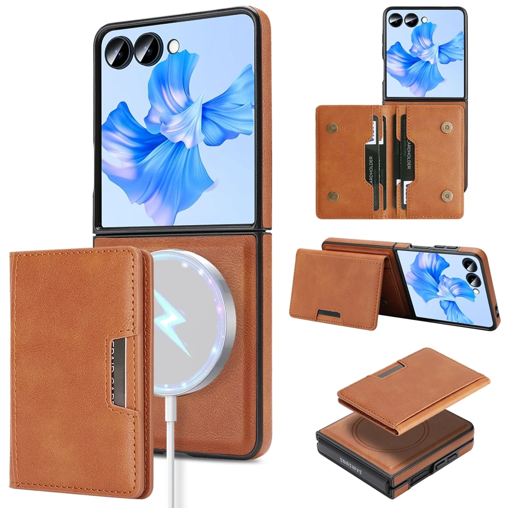 Magnetic Leather Phone Case with Card Holder & Kickstand, Wireless Charging Compatible
