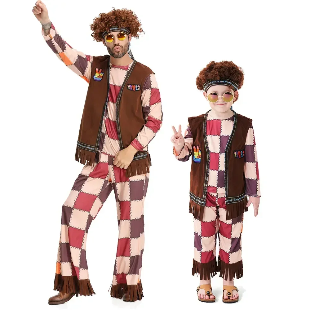 Vintage Disco Mädchen Outfits Adult Men Halloween Hippie Costume Fringe Vest Flared Pants Carnival Party Masquerade Fancy Outfit