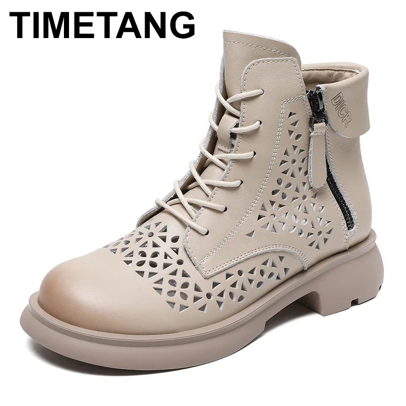 

Women's Boots High Quality Hollow Out Retro Big Size Fashion Leather Shoes For Women 2023 New Spring Breathable Flat Boots