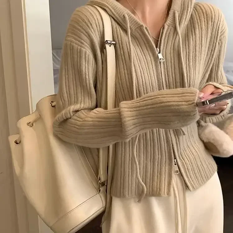 

Solid Hooded Drawstring Sweaters for Women Fashion Loose Double Zipper Short Jacket Autumn/Winter Long Sleeve Knitted Sweater