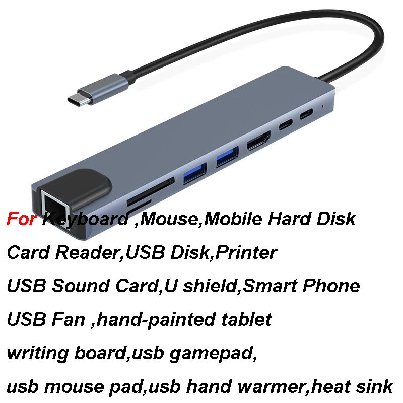 8 in 1 TYPE-C PC Tablet Phone Laptop TO HDMI RJ45 USB 2.0/3.0 SD TF Card Reader PD 100W Charger HUB Adapter Cable 2