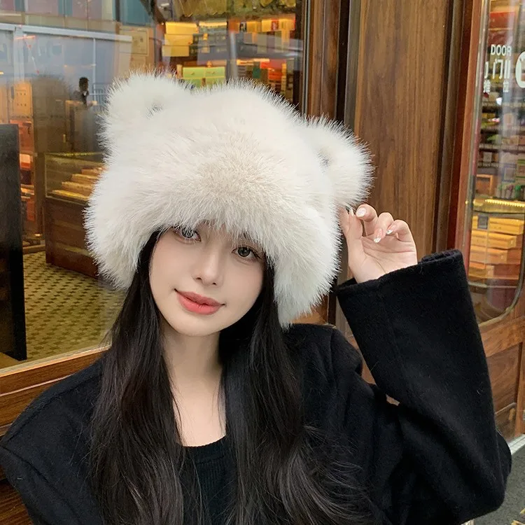 Women's Fashion Bear Ear Fur Cap Fur Hat Autumn and Winter Fur Hats Mongolian Hat Brimless Plush Fluffy Skiing Riding Warm Caps