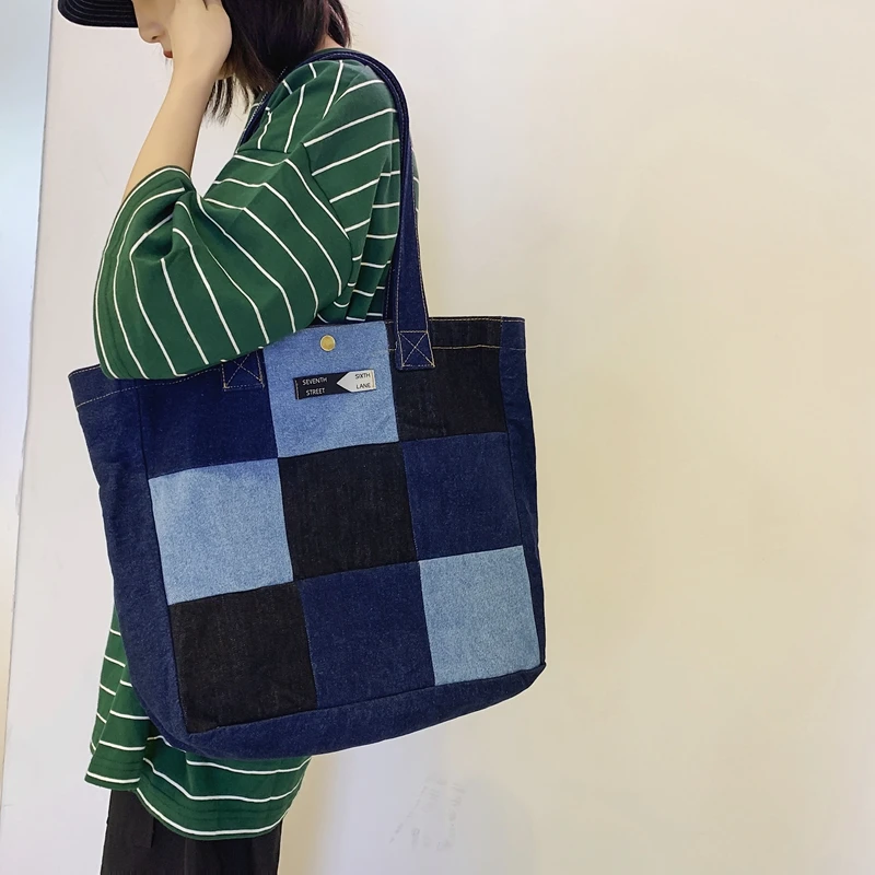 

Plaid Denim Handbags For Women Canvas Tote Shoulder Bag Female Jeans Big Shopping Eco Bag Korean Large Capacity Hand Bags Purses