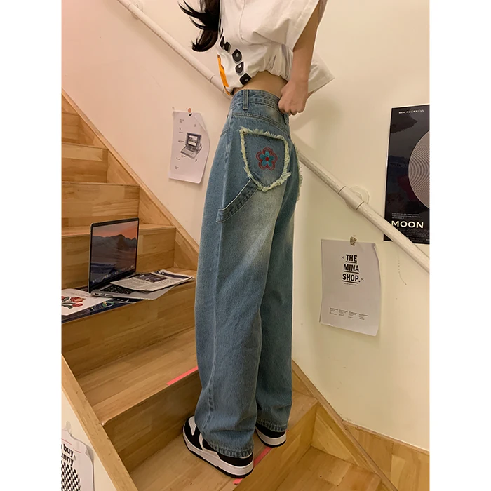 Vintage Baggy Blue Women's Jeans Straight Loose High Waist Trousers Flower Printing Streetwear Fashion Mom Denim Wide Leg Pants armani jeans