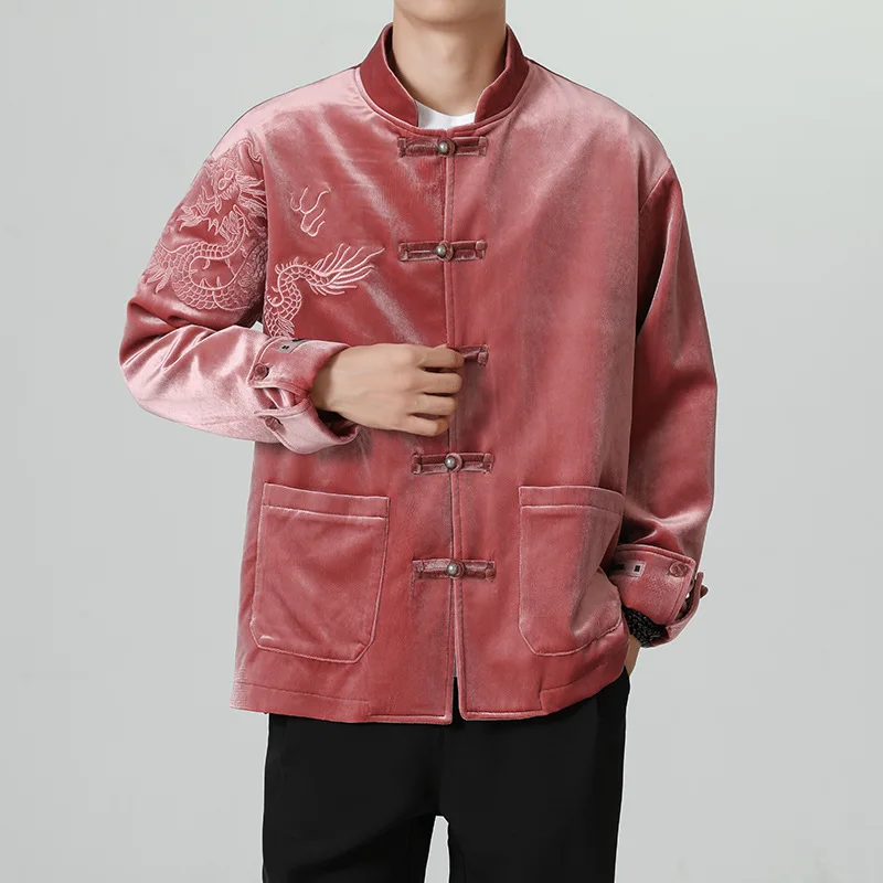 Autumn Winter Velvet Jacket Men's New Chinese Style Vintage Tang Costume Traditional Dragon Embroidery Coat Large Size 5XL Top