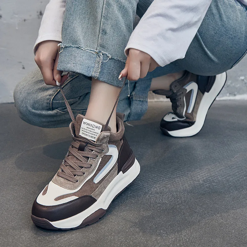 2024 Early Spring New Genuine Leather High Top Dad Shoes Women's Thick Sole Color Blocking and Velvet Lacing Casual Sports Shoes Instagram Trendy_voghion.com