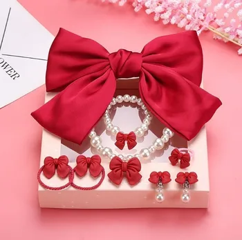 7pcs 1 set children's imitation pearl necklace cute bow bracelet making kit stud earrings hairpin set girls jewelry wholesale 1