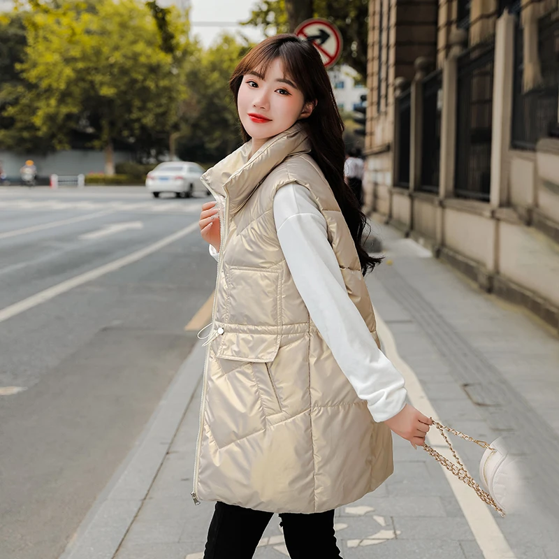 2022 New Design Women Winter Vest Shiny Bright Fabric Fashion Female