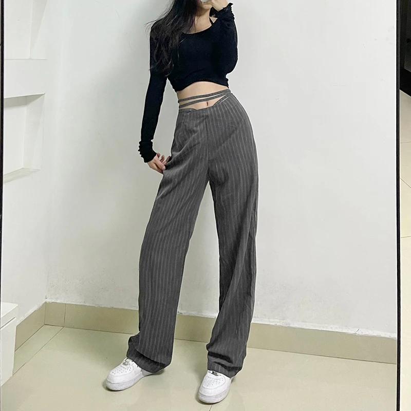 Vintage Stripe Cargo Pants Cross Tie Up Joggers Women Baggy Trousers Women 2024 Fashion y2k Capris Pants 90s Streetwear Pantalon