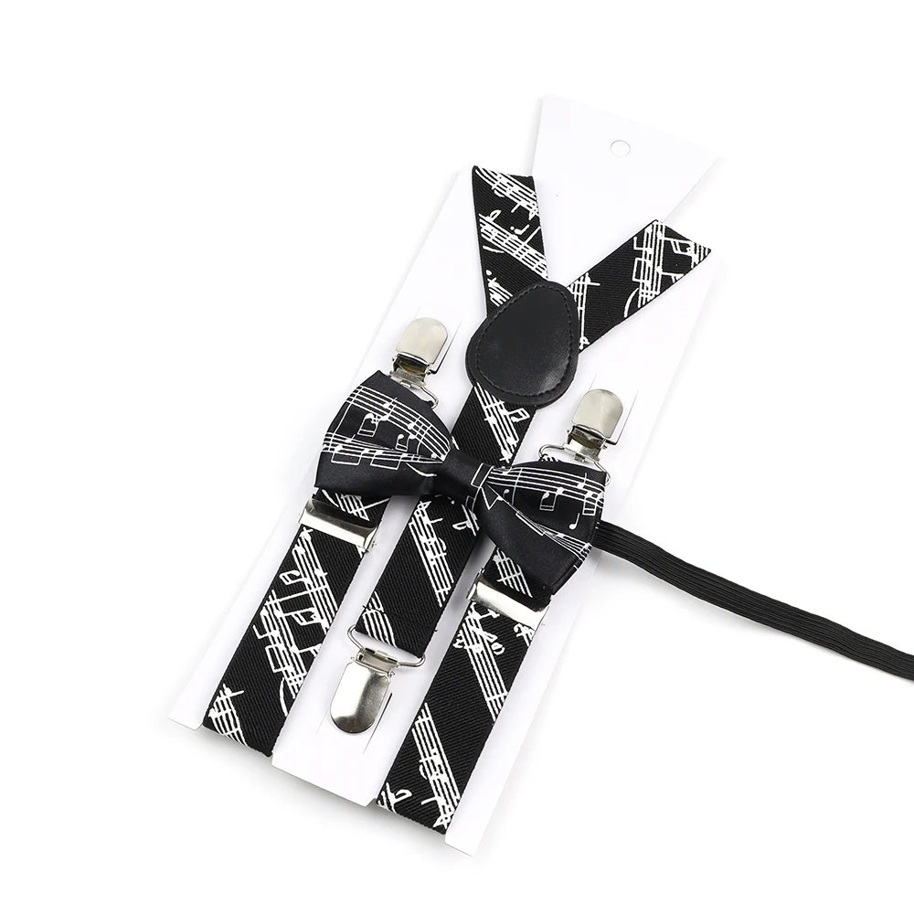 Black white Suspender Bowtie Set For Men Women Girl Boy Musical Note Adjustable Elastic Y-Back Braces Festival Accessories Gift