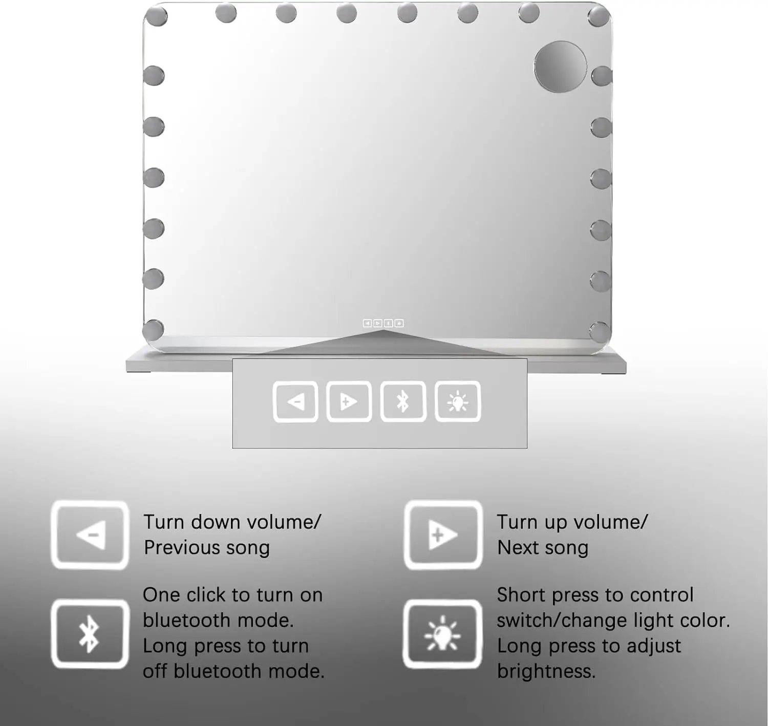 Hollywood Make-Up Mirror with Lighting 20 LED,Bluetooth Player, 80x60cm Large Cosmetic Mirror with 3 Dimmer Light ,USB,Touch 6