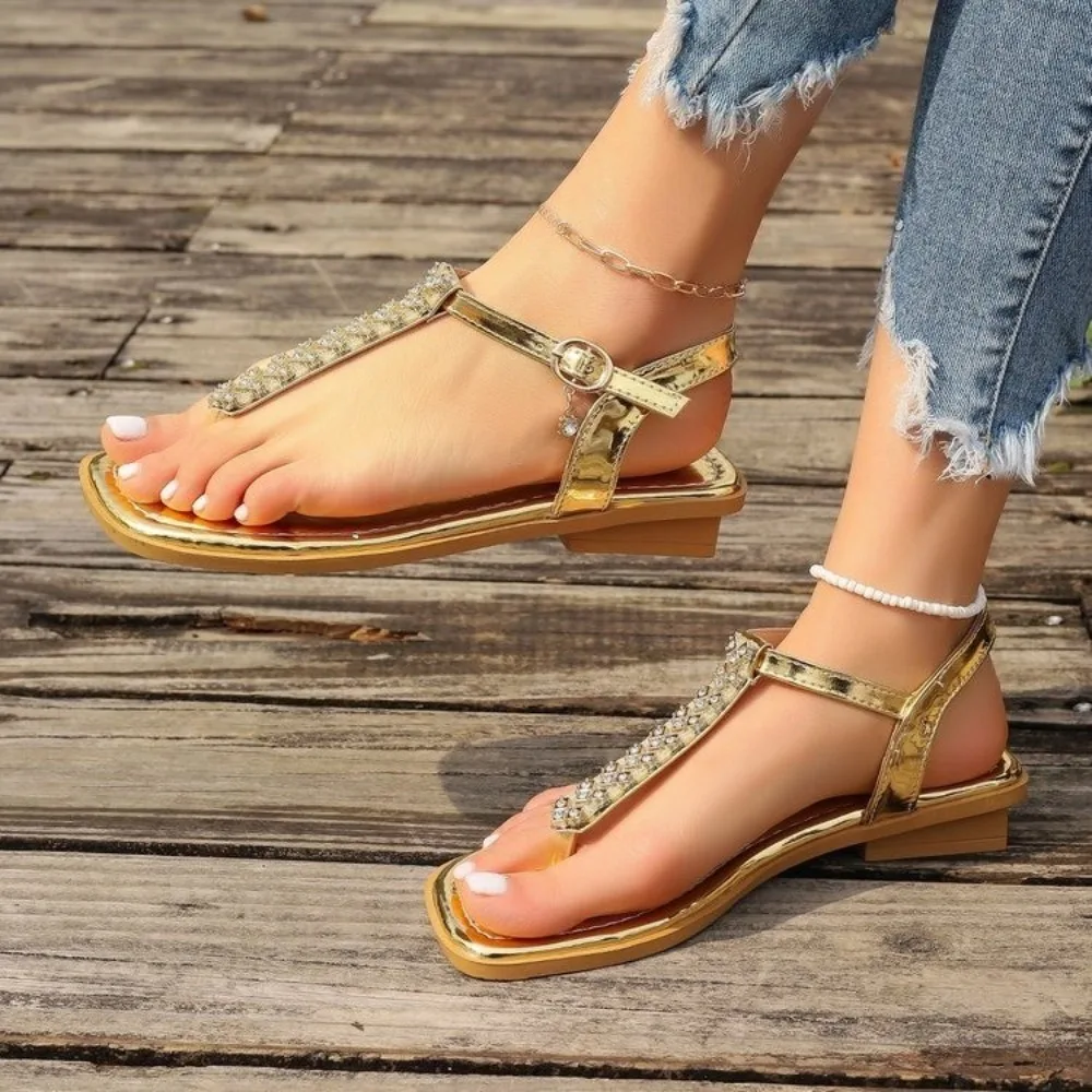 

2024 Summer Women's Open Toe Rhinestones Thong Sandals Retro Square Toe Heeled Flip-flops For Women Outdoor Casual Beach Shoes