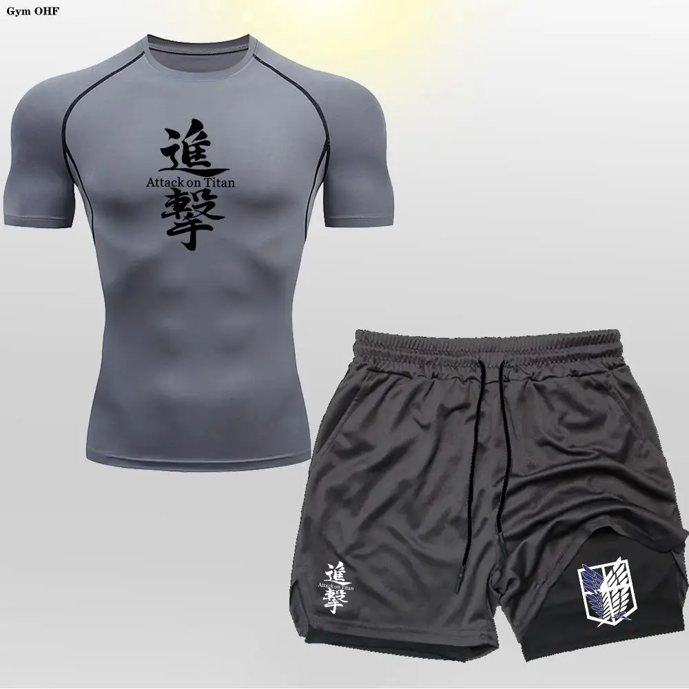 Anime Attack On 2 in 1 Male Quick Dry Sportswear Compression T-Shirt Shorts Men's Running Sports Suit MMA Rashgard Summer Beach 5