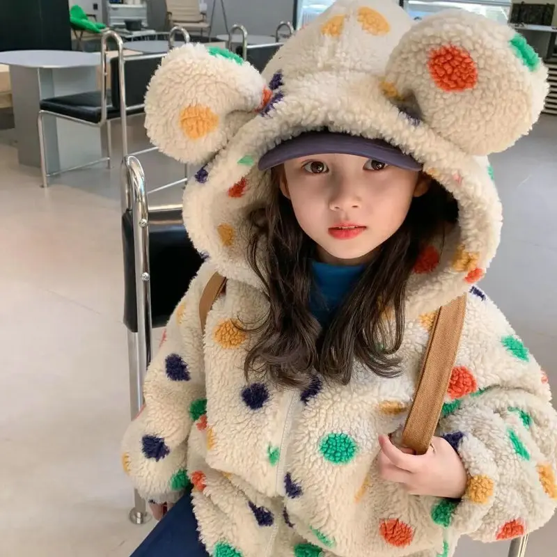 Girls' coat rainbow dot hooded with big ears plush thickened coat top winter new children's wear clothing