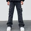 Four Seasons Men's Trendy American Style Multi Pockets Motorcycle Cargo Pants Washed Loose Straight Bootcut Jeans Trousers Male 1