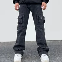 Four Seasons Men's Trendy American Style Multi Pockets Motorcycle Cargo Pants Washed Loose Straight Bootcut Jeans Trousers Male 1