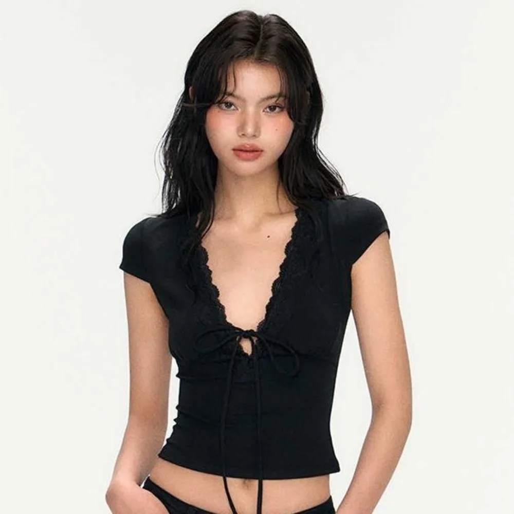 Chic V Neck Slim Crop Tops Short Sleeve Lace Bottoming T-shirt Sweet Elastic Camisole Streetwear