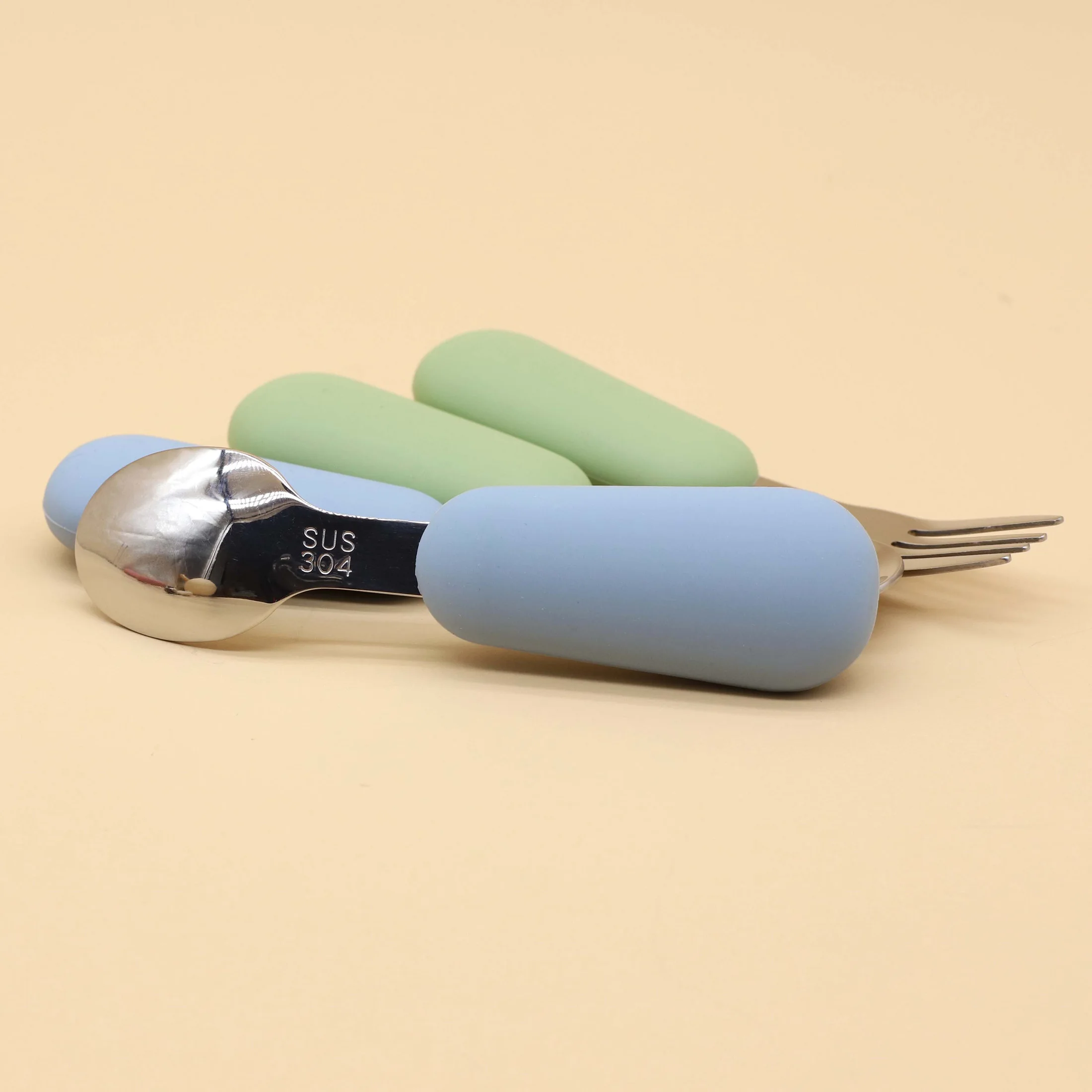 Silicone stainless steel spoon fork food grade 304 stainless steel easy to grip silicone handle baby food feeding spoon fork 6