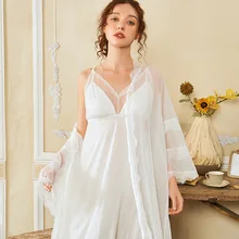 

White Bride Wedding Robe Set2PCS Full Sleeve Lace Kimono Gown Perspective Hot Nightgown Bathrobe Women Intimate Pajamas Pyjamas