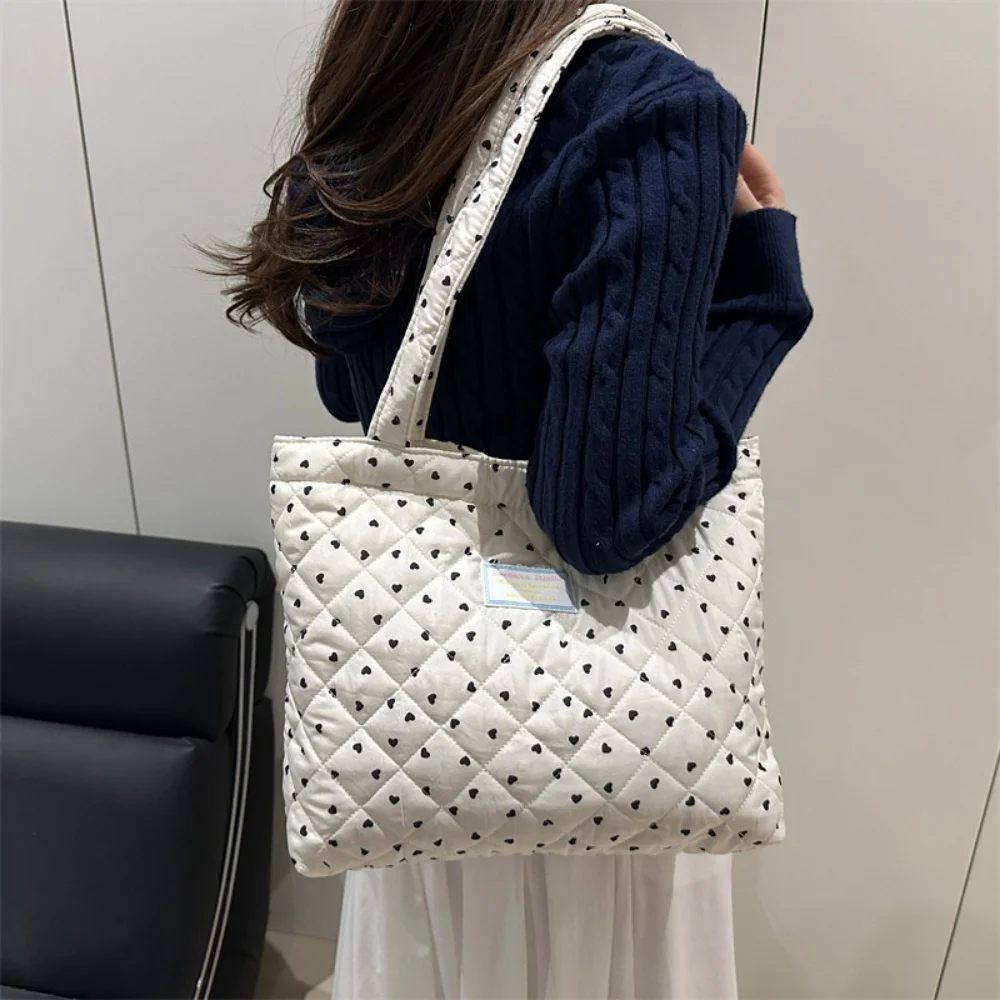 Quilted Cotton Women's Handle Shoulder Bags Simple Plaid Heart Female Shopping Bag Large Capacity Grils Tote Shopper Handbags