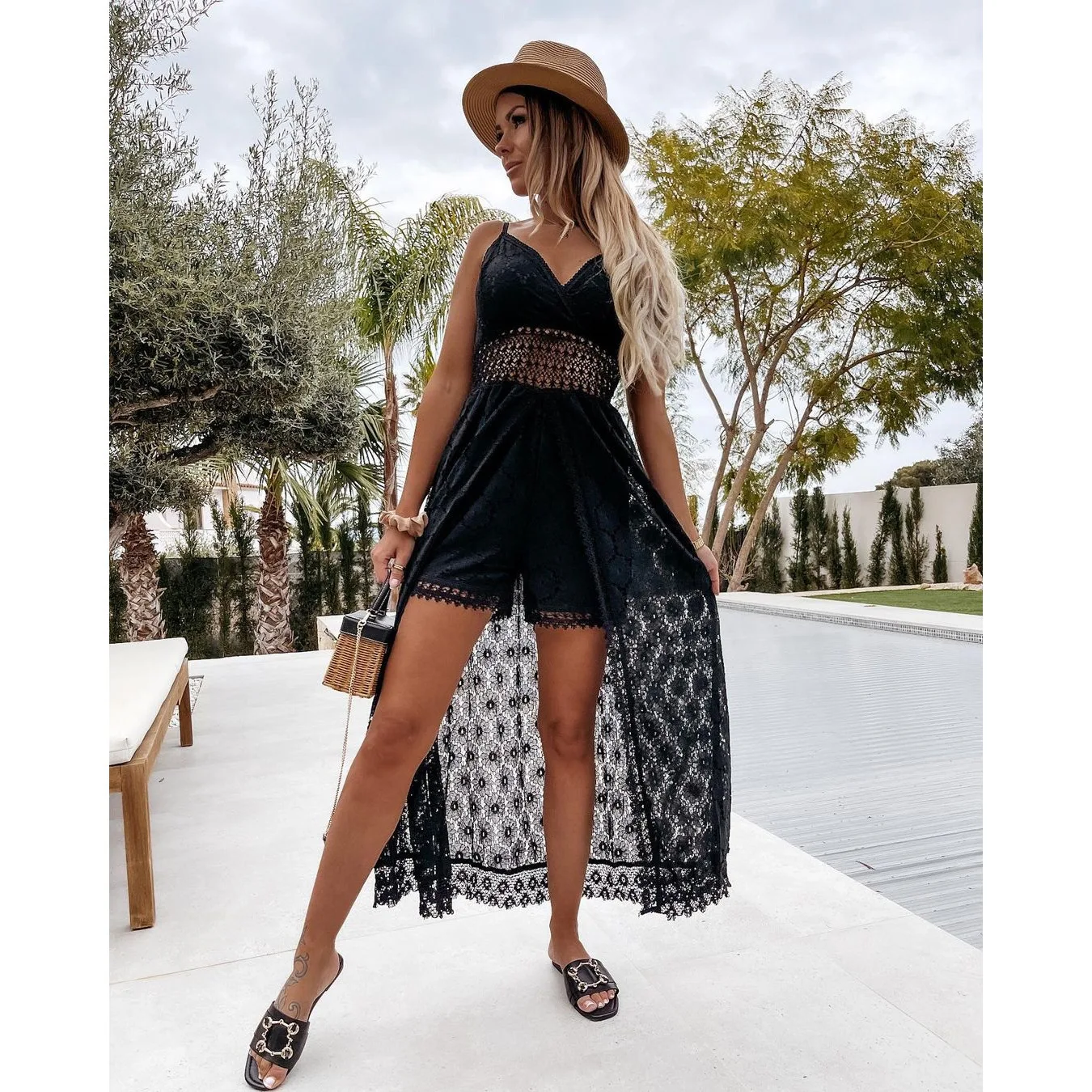 BKLD 2024 Summer New Sexy Spaghetti Strap V-Neck Patchwork Casual Rompers Vacation Outfits For Women Hollow Out Shorts Playsuits