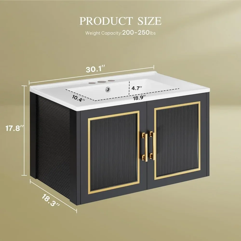 30" Bathroom Vanity with Ceramic Sink, Floating Vanity with Cabinet,with Soft Closing Doors & Gold Metal Handle, Black 3