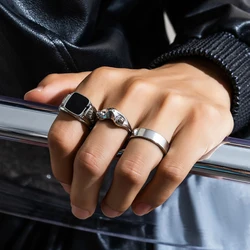 Men's Gothic Punk Silver Stainless Steel Ring Set - 3-Piece Square Oil Drip Design (Silver color)