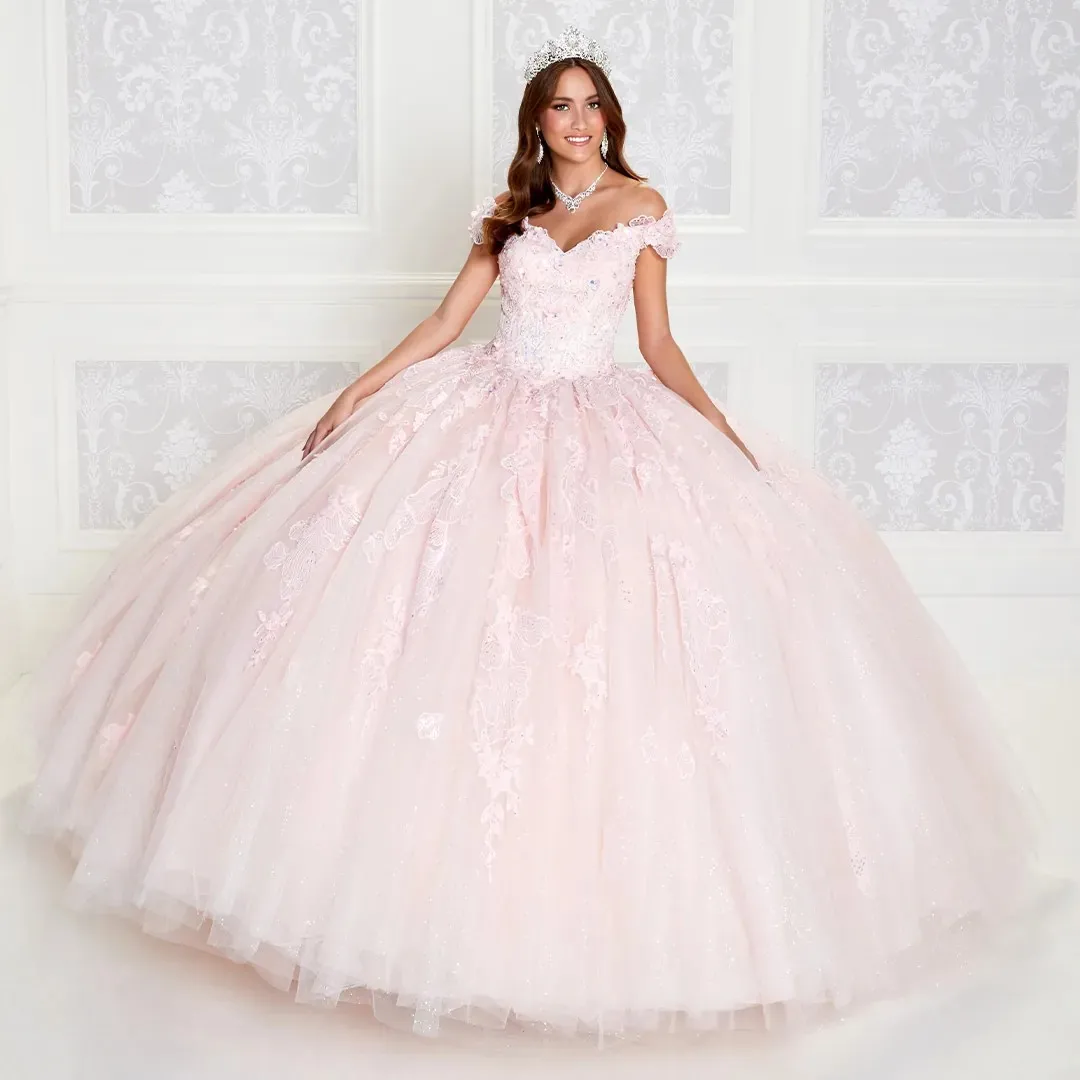 

Pink Quinceanera Dresses Ball Gown Off The Shoulder Tulle Appliques Puffy Mexican Sweet 16 Dresses Charro 15 Anos