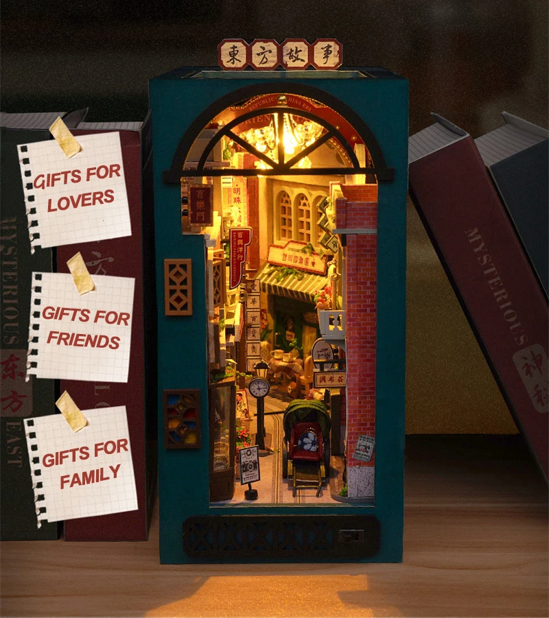 Description Picture 2 of itemRetro DIY Wooden Book Nook Shelf Insert Miniature Kits Chinese Oriental Tale Home Bookend Decoration For Adult Handmade Gifts
