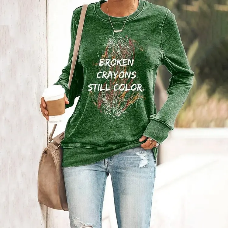 

Vintage Fashion Printed T-Shirt Broken Crayon Color Printed Korean Version Niche Women's Crew Neck Long Sleeve Versatile Top