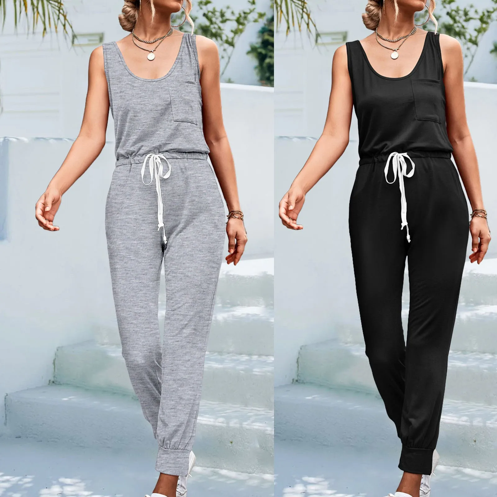 

Women Loose Jumpsuits Summer V Neck Sleeveless Cotton Pocket Wide Leg Pant Overalls Female High Waist Drawstring Long Trousers