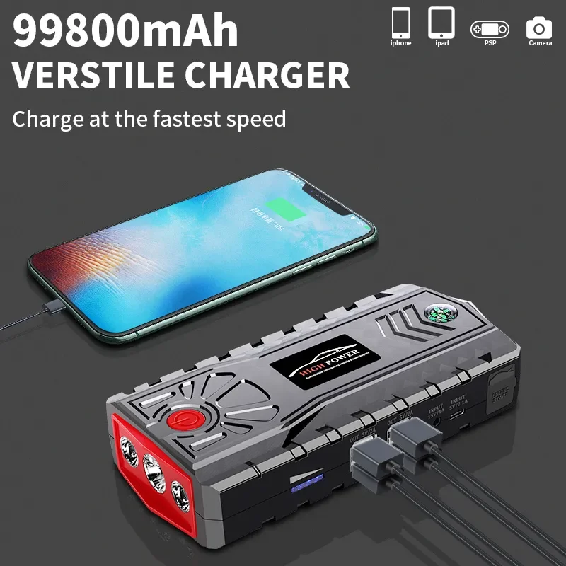 99800mAh Car Jump Starter Power Bank 12V Portable Car Battery Booster Charger Air Pump Tyre Inflator Compressor Starting Device