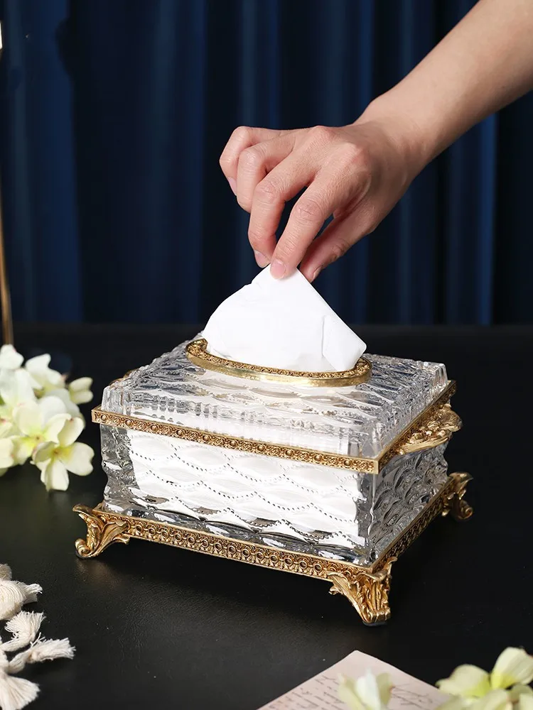 Crystal Glass Tissue Box Golden Brass Transparent Paper Box Household Kitchen Storage Vintage Desktop Tissue Holder Accesorios 2