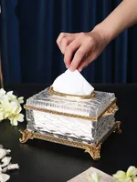 Crystal Glass Tissue Box Golden Brass Transparent Paper Box Household Kitchen Storage Vintage Desktop Tissue Holder Accesorios 2