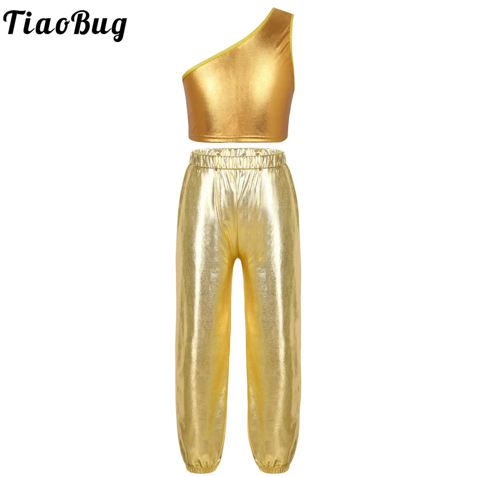 

2PCS Kids Girls Cheerleading Hip-Hop Dance Outfit Metallic Shiny One Shoulder Sleeveless Vest Crop Top with High Waist Pants