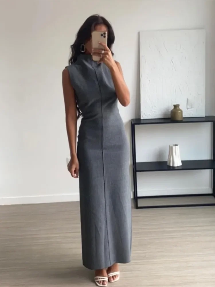 

Elegant Grey Women Pencil Long Dress Female Stand Collar Sleeveless Bodycon Dresses 2023 Lady Solid Split Party Club Robes
