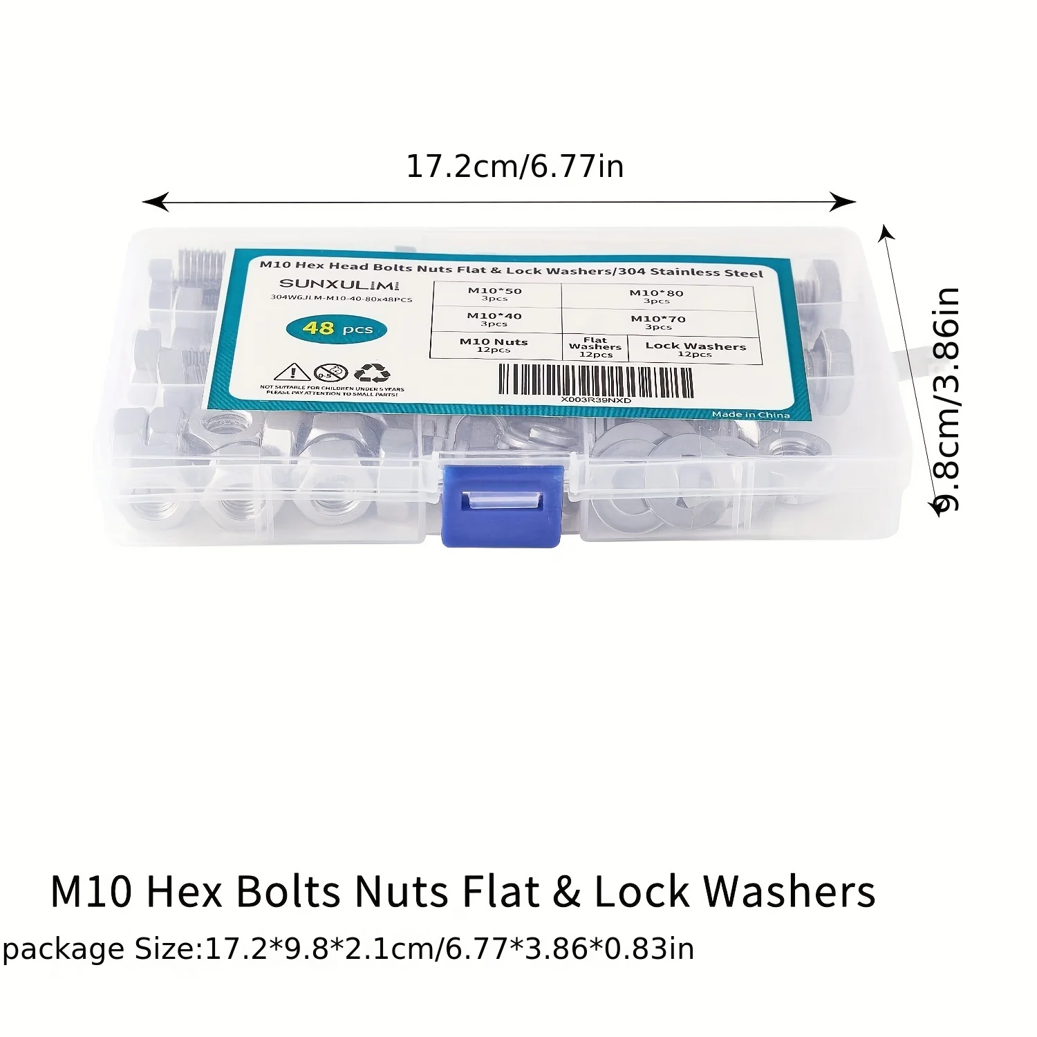M10 x 40mm 50mm 70mm 80mm Hex Head Bolts Screws, Nuts, Flat & Lock Washers, Stainless Steel 304, Machine Fully Thread