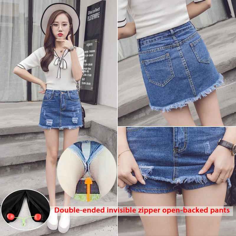 Sexy Skirt for Sex Female Open Crotch Hole High Waist Pants Invisible Zipper Blue Jeans Outdoor Sex Convenient Pants Short Jeans