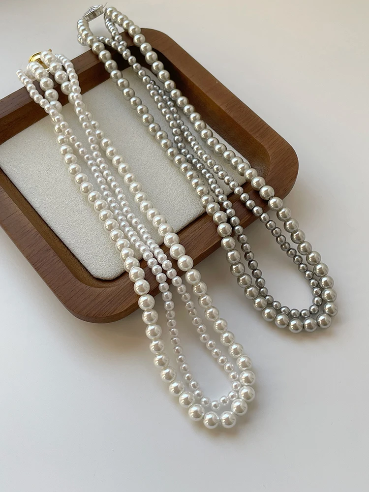 French elegant gentle double-layer winding pearl necklace round pendant sweater chain