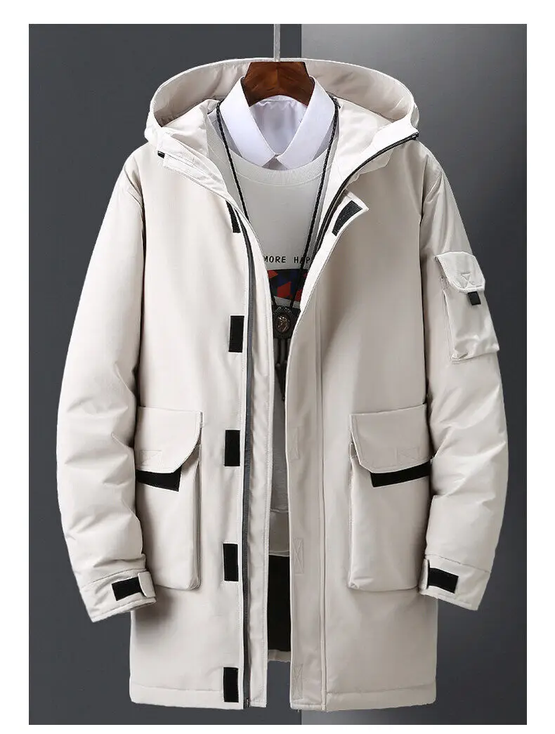 

Winter Men Fur Hooded Parkas Casual Warm Thick Long Down Jacket Mens Cotton Multi-pocket Overcoats 90% White Duck Down Coat