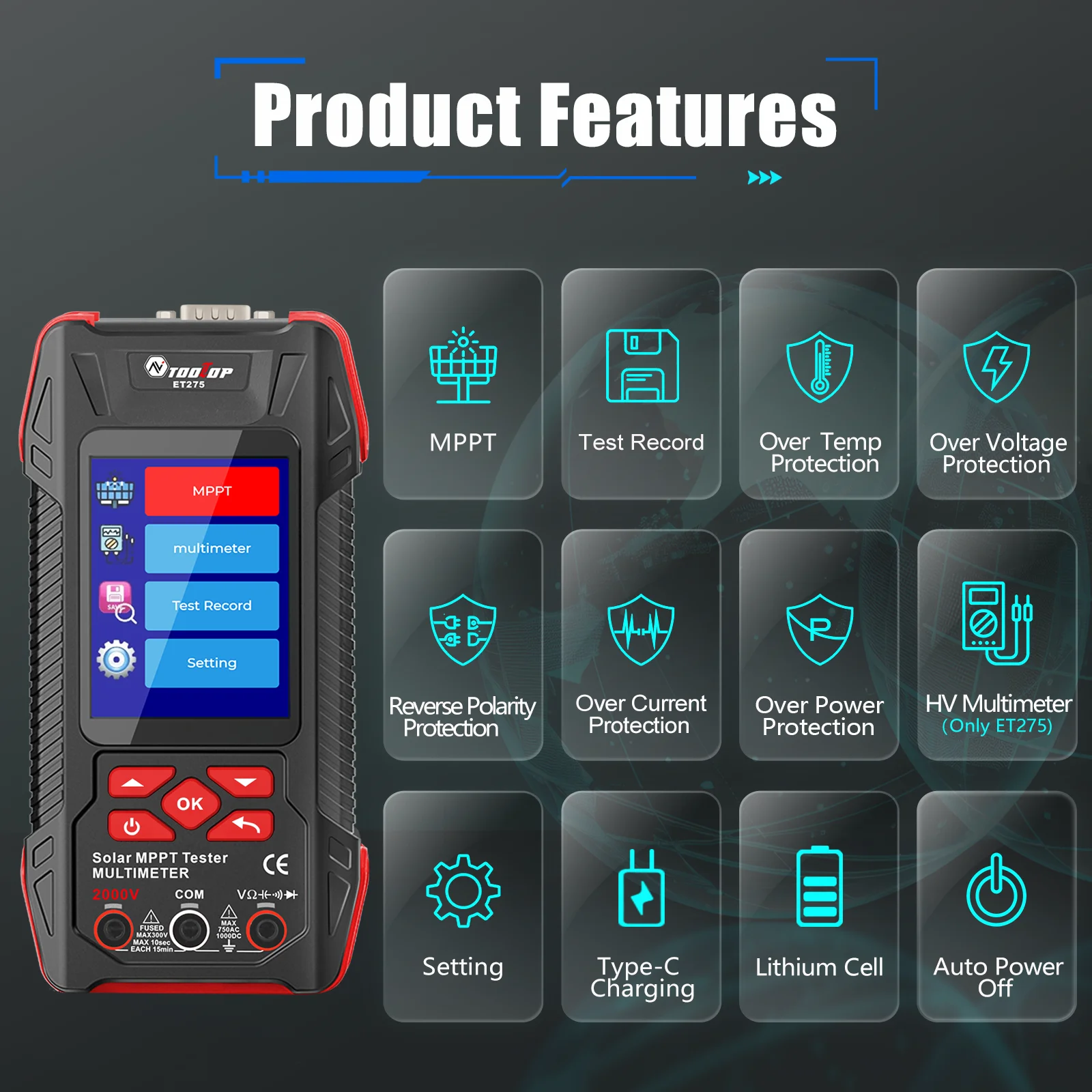 2000W Solar Panel Tester 3.2Inch MPPT Curves Photovoltaic Multimeter Pmax Voc Ls