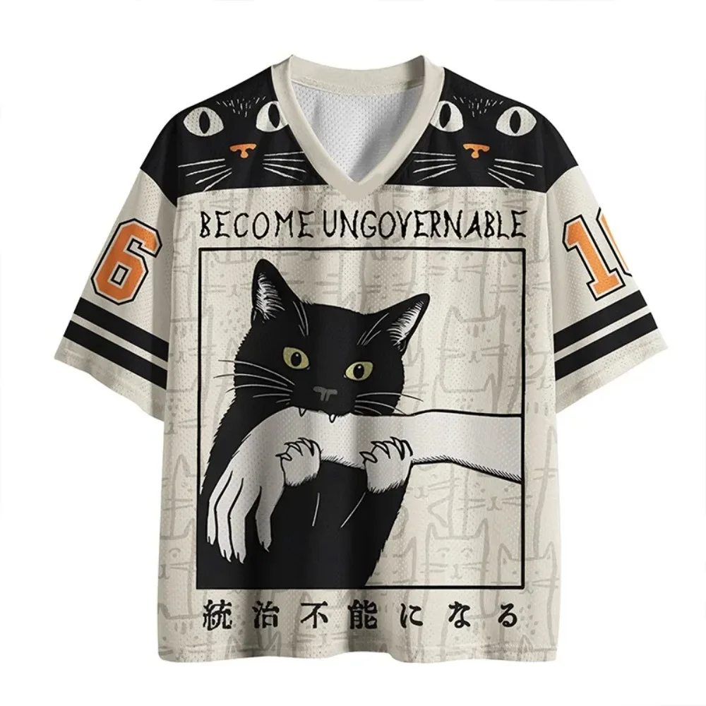 Erwachsenen- und Kinder-Version des 3D-gedruckten Sport-T-Shirts „Rebellious Black Cat“ mit dem Vintage-Bestseller-Design „Uncontrollable“ und V-Ausschnitt und kurzen Ärmeln