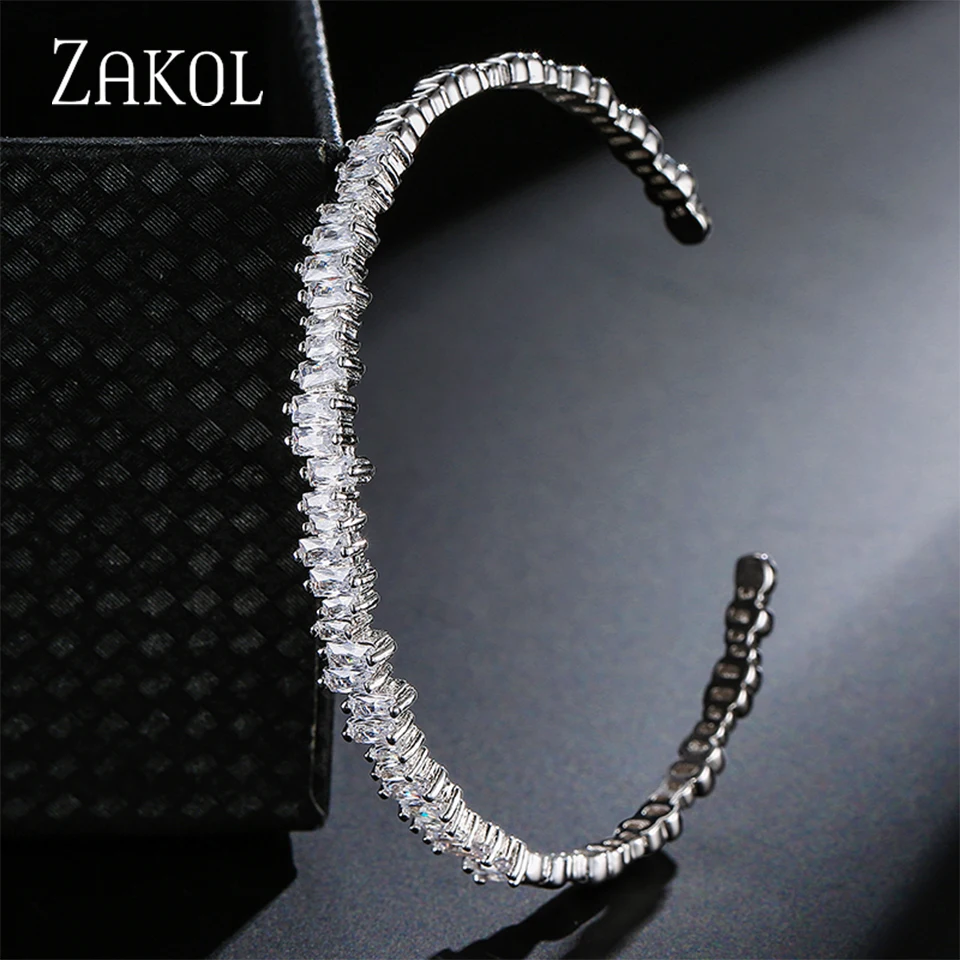 ZAKOL 여성을위한 패션 큐빅 지르코니아 커프 팔찌 유행 바게트 남성 오픈 팔찌 파티 쥬얼리 B154