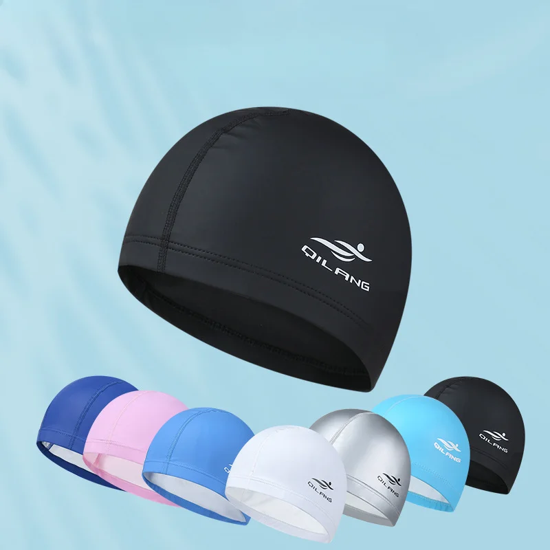 Swimming Caps Women Men Universal Long Hair Ear Protection Swim Caps PU Waterproof Letter Printed Swimming Cap Pool Accessories 2